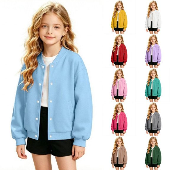 Mitankcoo Girls Baseball Jacket Fleece Lined Snap Button Coat Loose Casual Kids Warm Outerwear with Pockets 4-15Y