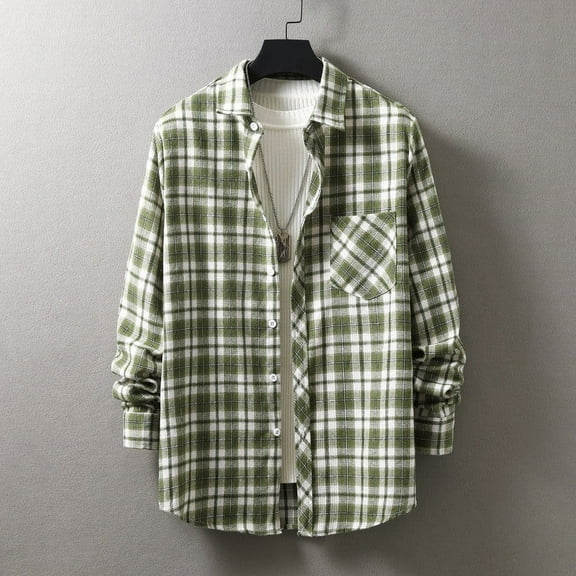 Jjayotai 50% off Clearance! Men's Casual Plaid Flannel Long Sleeve Button Down Shirt Clearnce Green L