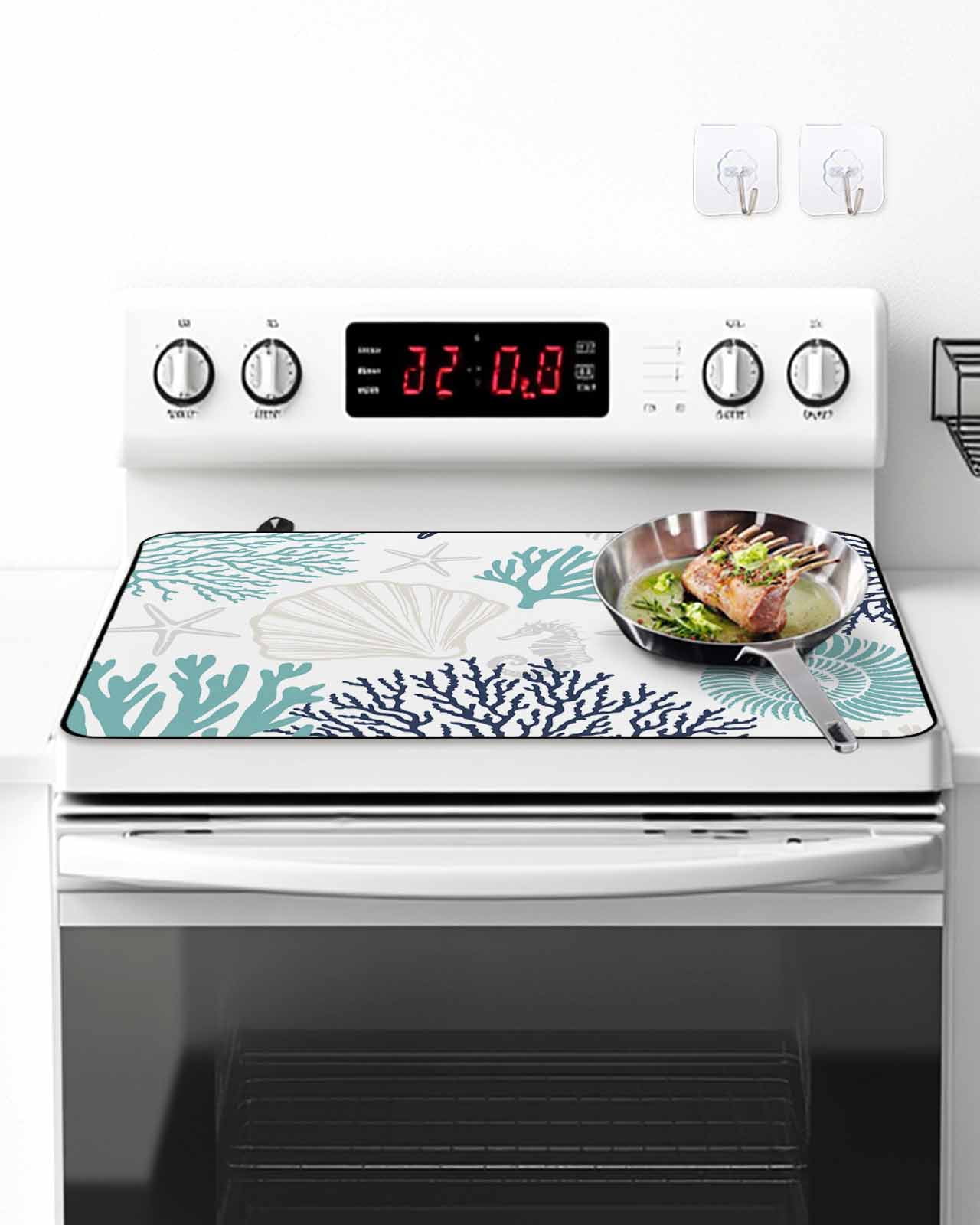 Stove Top Covers for Electric Stove, Teal Blue Grey Coastal Glass Stovetop Cover Protector, Summer Beach Coral Shell Starfish Induction Cooktop Protector Oven Mat for Kitchen Countertop 24"x21"