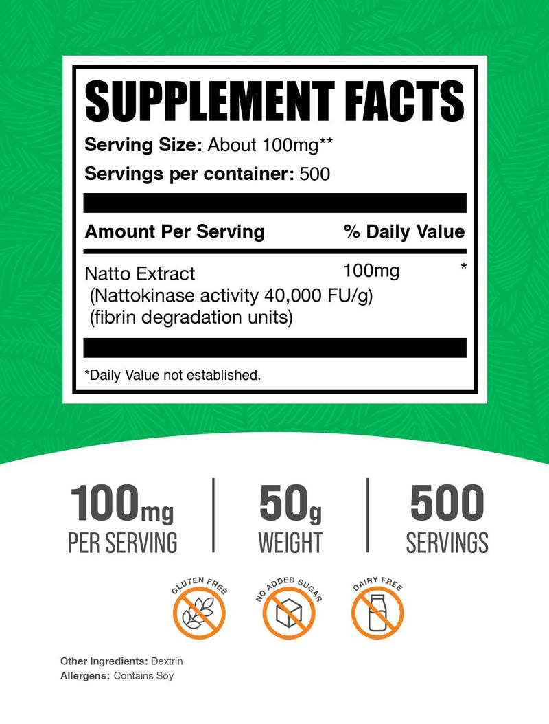 BulkSupplements Nattokinase 4000 FU Powder, Heart Health, 50g, 500 Servings