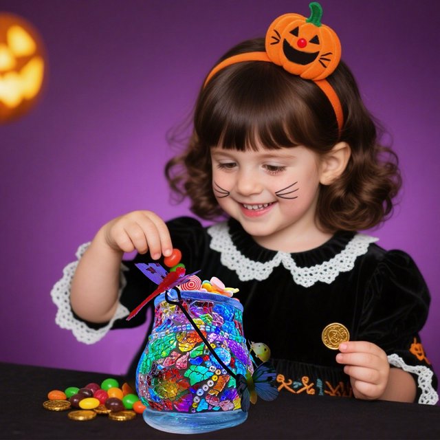 Kit de tarro de caramelo iluminado de Halloween DIY | Set de manualidades de mosaico de cristal brillante | Decoración de luz LED multicolor | Incluye materiales y adhesivo | 10 piezas