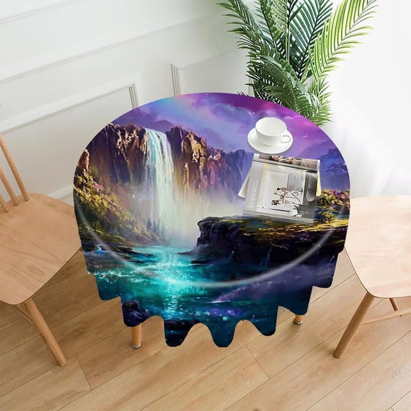RKSupls 60 Inch Round Tablecloth, Rainbow Waterfall Fantasy Premium Polyester Straight Edge Wrinkle Resistant Washable Table Cover for Party Home Dining Decor