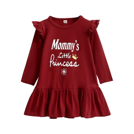 

NZRVAWS Baby Girls Dress Letter Print Ruffle Sleeve Long Sleeve Round Neck Dress 1PCS Sun Dress 12-18 Months Red