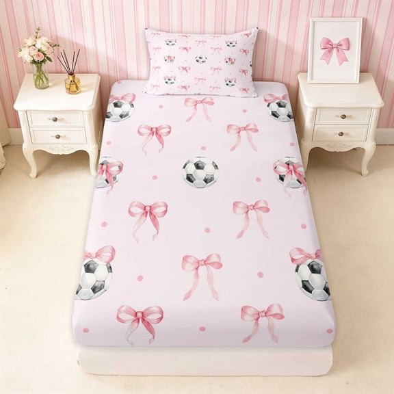Erosebridal Bright Satin Bow Ribbon Twin Fitted Sheet for Girls, Romantic Floral Print Bedding, 2pcs 1 Fitted Sheet and 1 Pillowcase