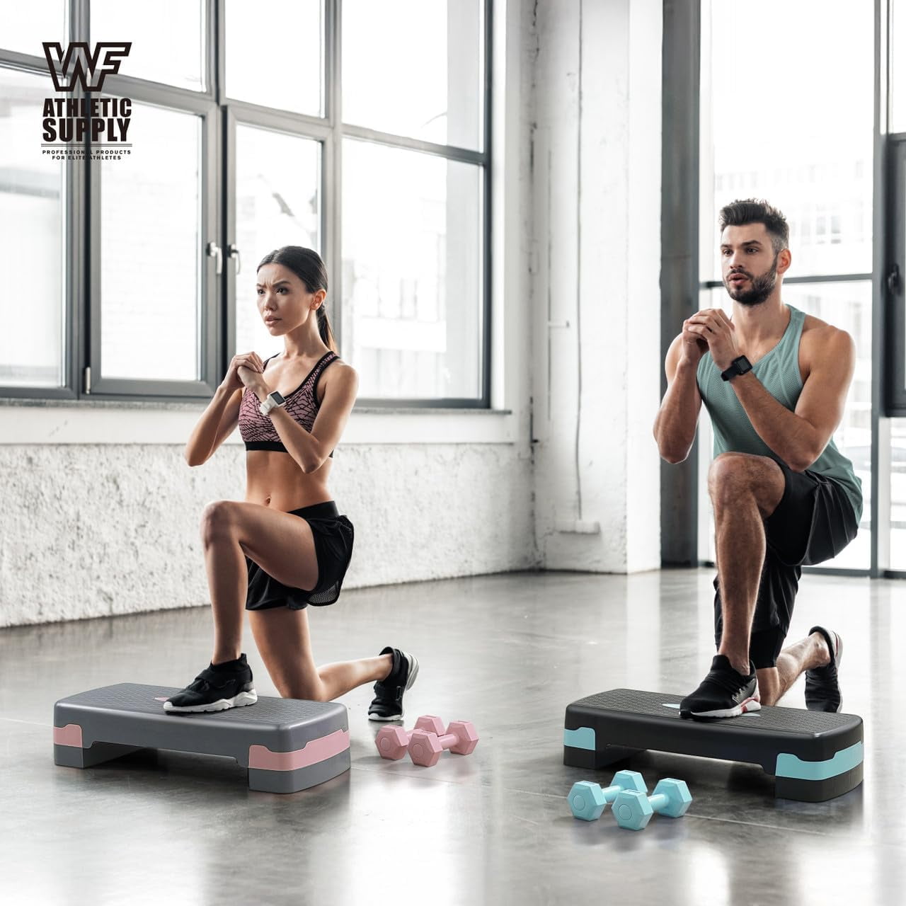 WF Athletic Supply Aerobic Stepper Set with Dumbbells & Measuring Tape, Adjustable Height 2 Level Risers Workout Exercise Step Platform Trainer for Home Gym Exercise Fitness Workout, Green