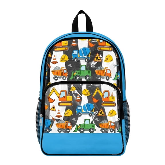 ZIATUBLES Clear Backpack, Heavy Duty Fabric & PVC Transparent Bookbag with Construction Vehicles Print, Large Capacity See Through Backpack for School College Work Travel Security