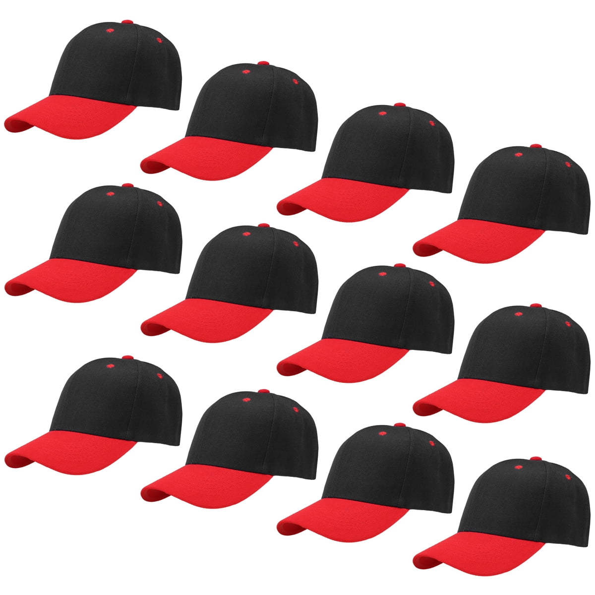 Falari Wholesale 12-Pack Baseball Cap Adjustable Size Plain Blank Solid Color Black/Red
