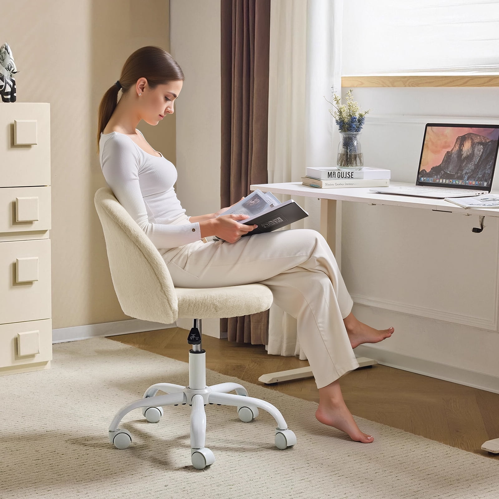 Ktaxon Vanity Makeup Chair Comfy Cute Accent Chair Small Swivel Task Office Chair with Wheels Faux Rabbit Hair Beige