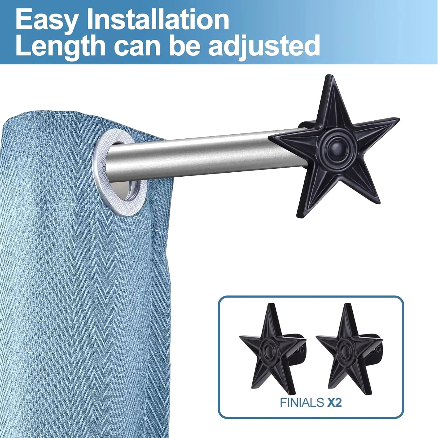 Urbanest Adjustable Single Curtain Rod Set With Blue Star Finials – 3/4-Inch Diameter, With Pewter Rod, 28–48 Inches