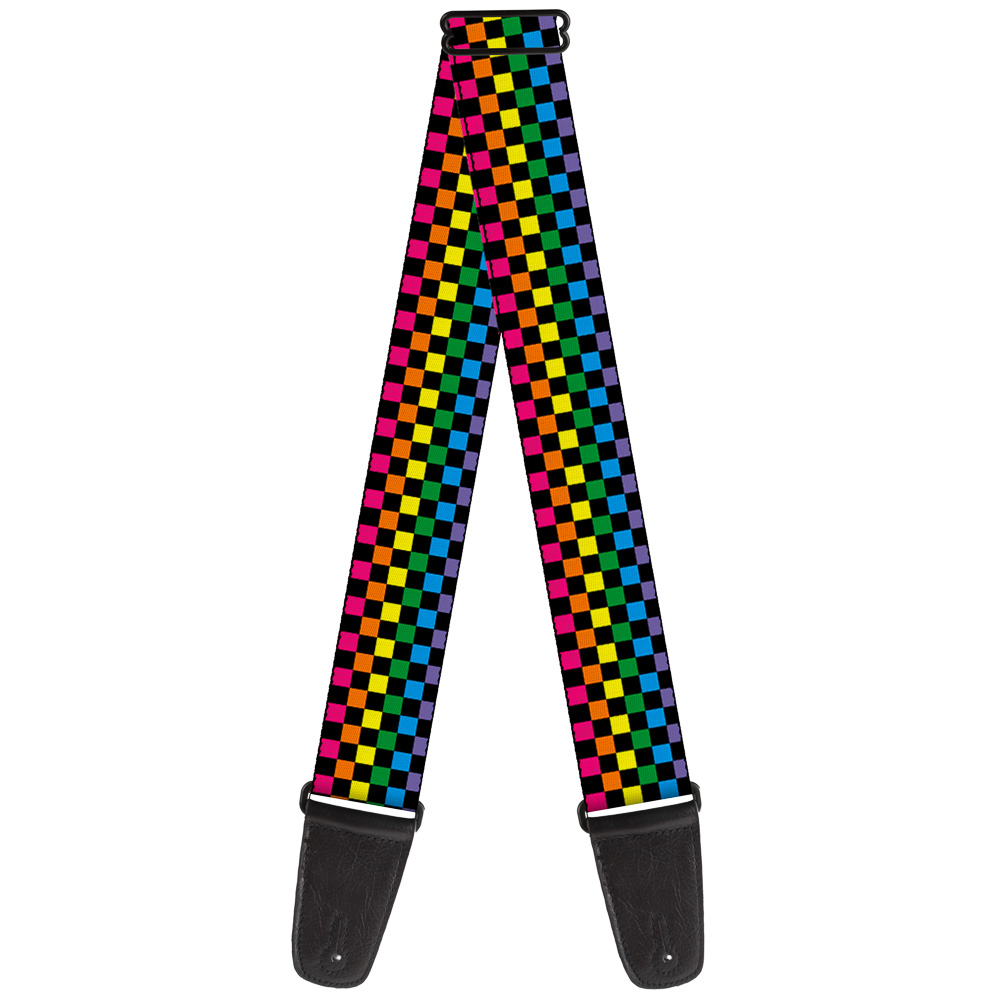 Buckle-Down Guitar Strap, Checker Black Neon Rainbow, 2 Inches Wide