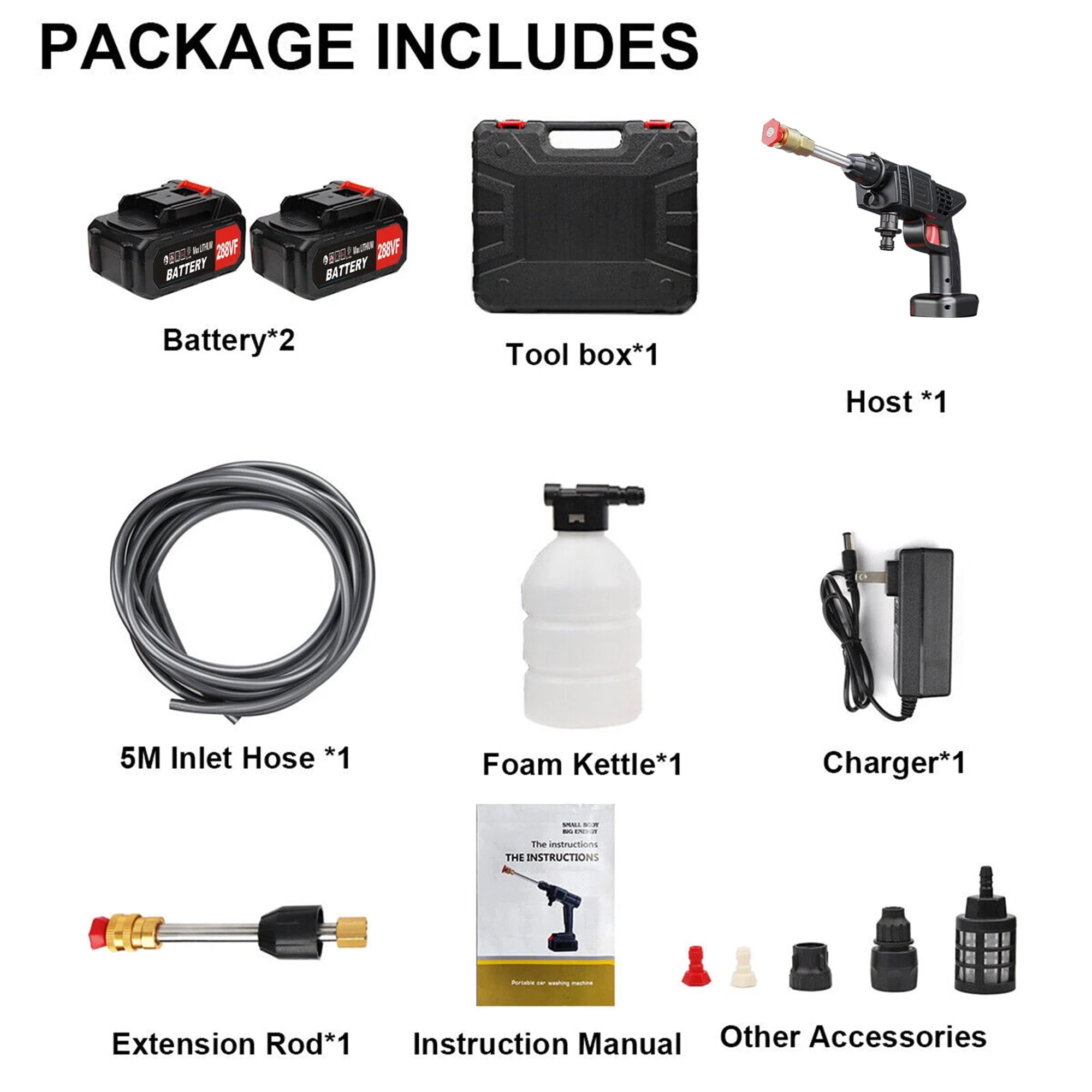 Portable Pressure Washer Hand Held, Power Washer with 16ft Detachable Hose for Car, Garden, 6-in-1 Nozzle 21V Portable Cordless Pressure Washer with Battery (5 Cells 2 Battery 1 Charger)