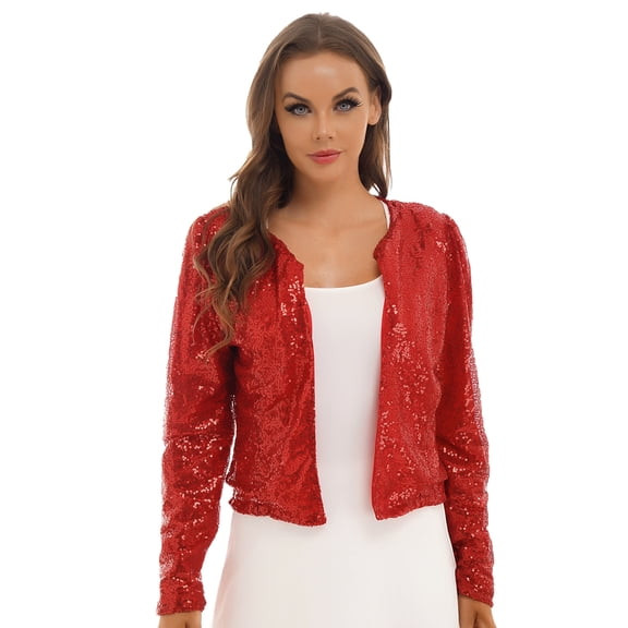 Alvivi Women's Sequin Jacket Cropped Blazer Shiny Long Sleeve Open Front Bolero Shrug Cardigan Red XXL