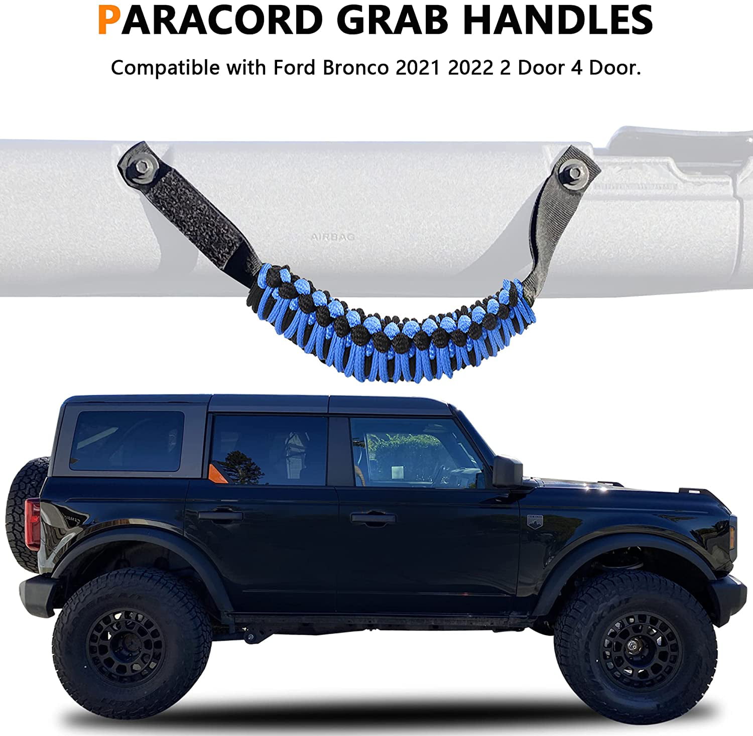 Paracord Grip Handle for Ford Bronco Accessories CHETO Roll Bar Grab Handles for 2021 2022 Ford Bronco 2/4 Doors with America Flag（2 Black） 