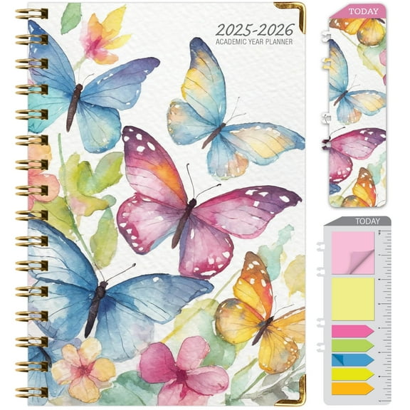 Academic Planner 2025-2026, Daily Weekly Monthly Yearly Planner, June 2025 - July 2026, 14 months, 5.5"x8", Bookmark, Pocket Folder and Sticky Note Set (Watercolor Butterflies)