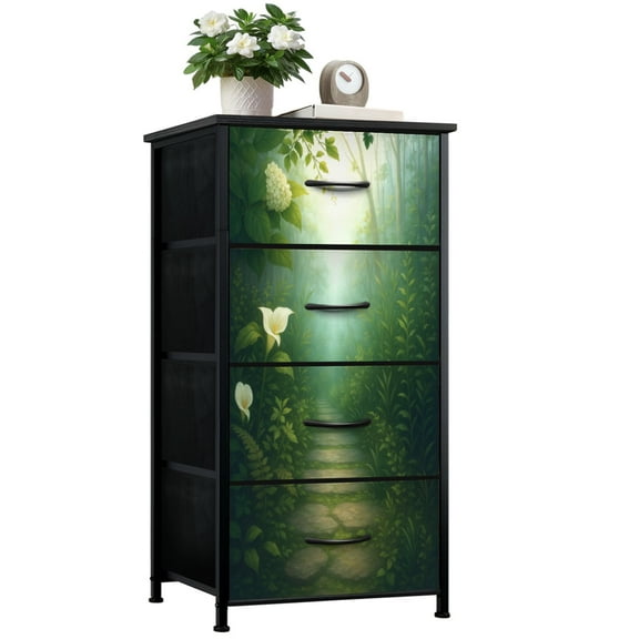 Dresser for Bedroom with 4 Storage Drawers Mystical Forest Path White Flowers Greenery Dreamlike Dressers Chest of Drawers Steel Framed Fabric Closet Organizers for Entryway