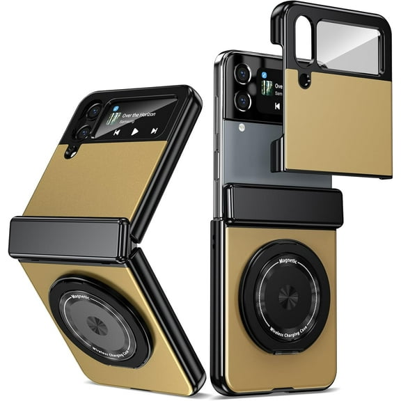 Magnetic for Samsung Galaxy Z Flip 4 Case with Ring Holder, [Hinge Protection] Built in Screen Protector & Camera Protection Slim Thin Hard PC Kickstand Shockproof Protective Case, Gold