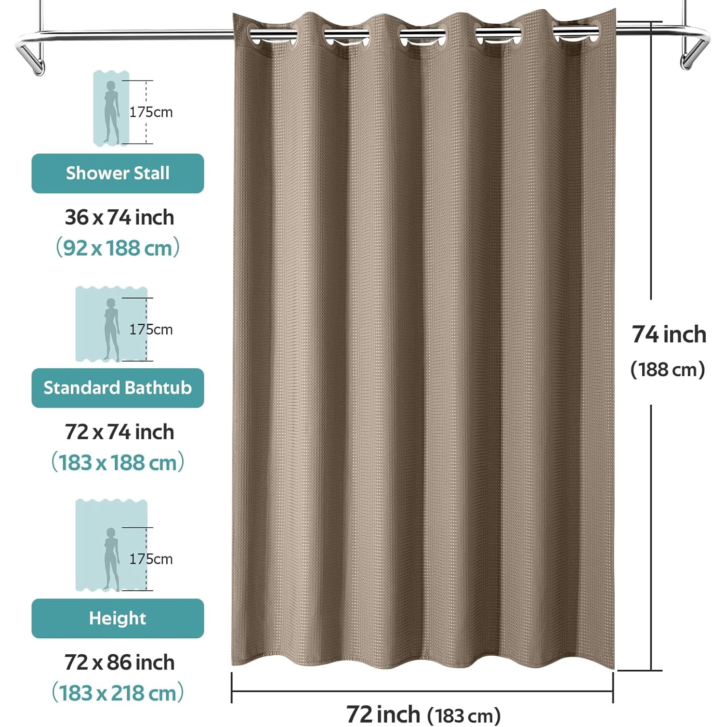 Waffle Weave Shower Curtains, No Hook Shower Curtains for Bathroom, DawnJoanHD Beige Polyester Fabric Shower Curtain with Built-in Rings, 72" x 74"