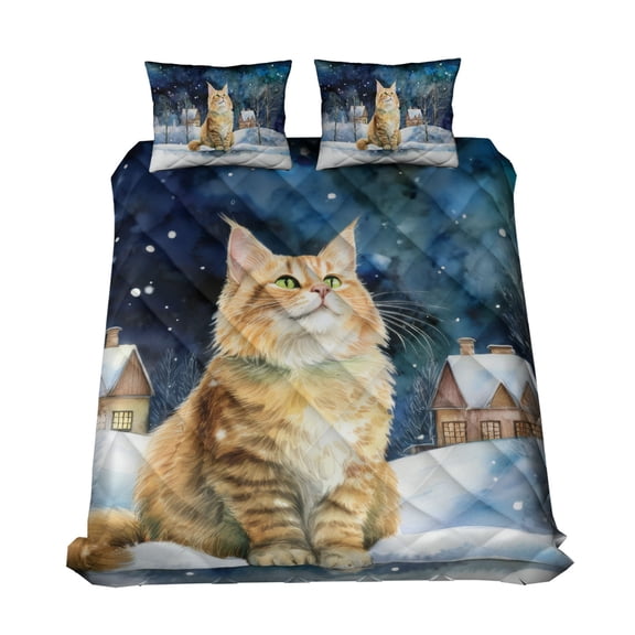 Hello Winter Maine Coon Welcome Snowy Night Watercolor Vintage Quilt Bedding Set Cat Lover Kitten Owner Gifts 1 Blanket Bed Cover 2 Pillowcases - 01011