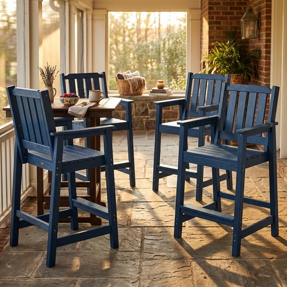MAROUTE Patio Bar Chairs Set of 4 Outdoor, Ergonomic Wide Seat Garden Stools with Footrests, Waterproof HDPE All-Weather for Balcony Backyard Poolside, Navy Blue