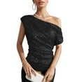 thumbnail image 4 of TYGHBN One Shoulder Sequin Sparkly Tops for Women Ruched Asymmetrical Glitter Tops Party Shirts Long Sleeves for Women Women Plain Long Sleeve Shirts under Scrub Women Long Sleeve Shirts Womens, 4 of 5