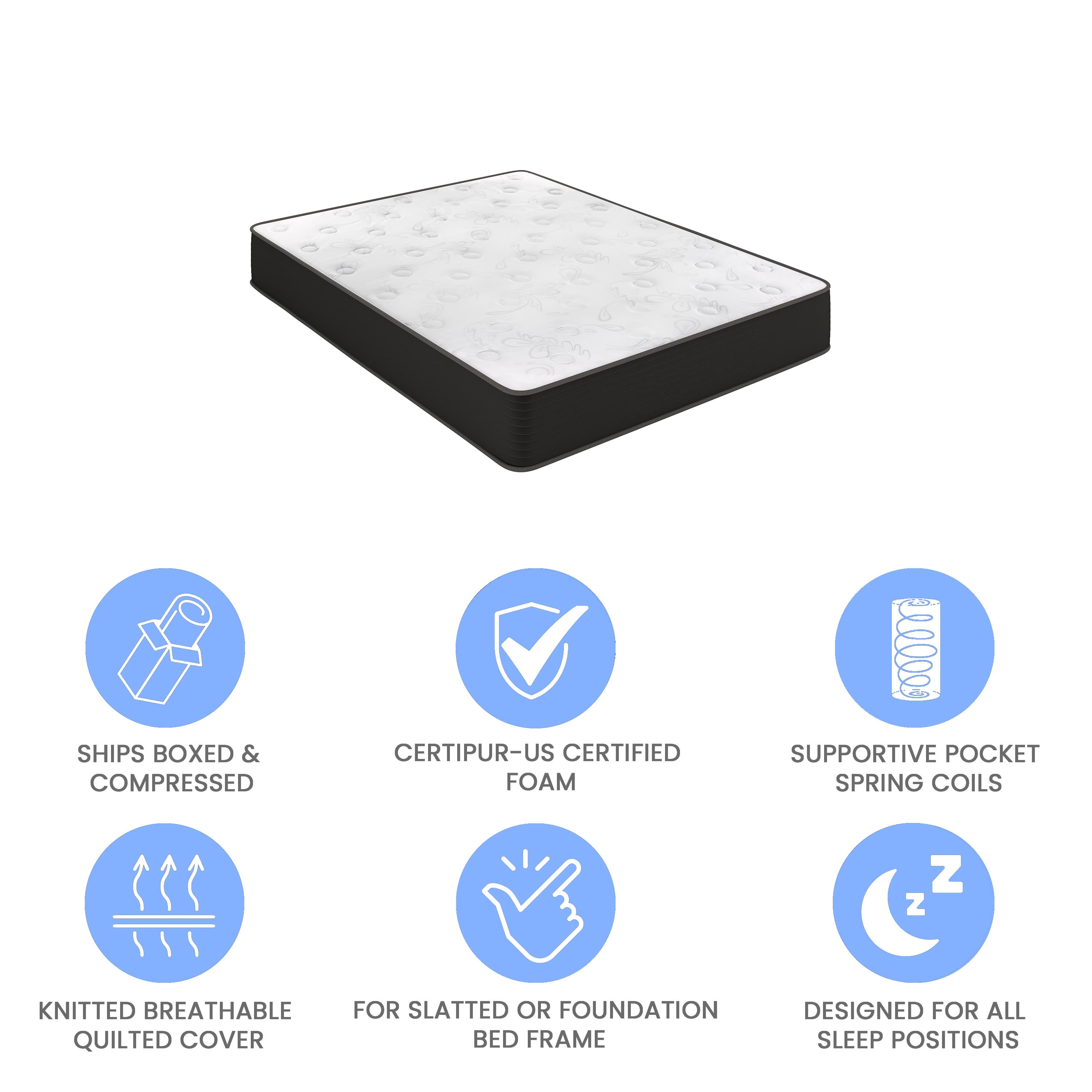 Emma + Oliver Queen Size 10 Inch Hybrid Mattress, High Density Cooling Foam and Pocket Spring Mattress in a Box, CertiPur-US Certified Foam, White/Black