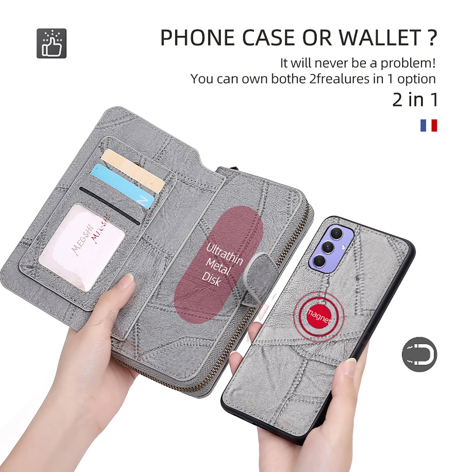 For Samsung Galaxy A15 Wallet Case with RFID Blocking Credit Card Holder, Detachable Wallet Phone Case Magnetic Closure Flip Kickstand PU Leather Flip Lanyard Strap Wristlet Zipper Purse,Gray