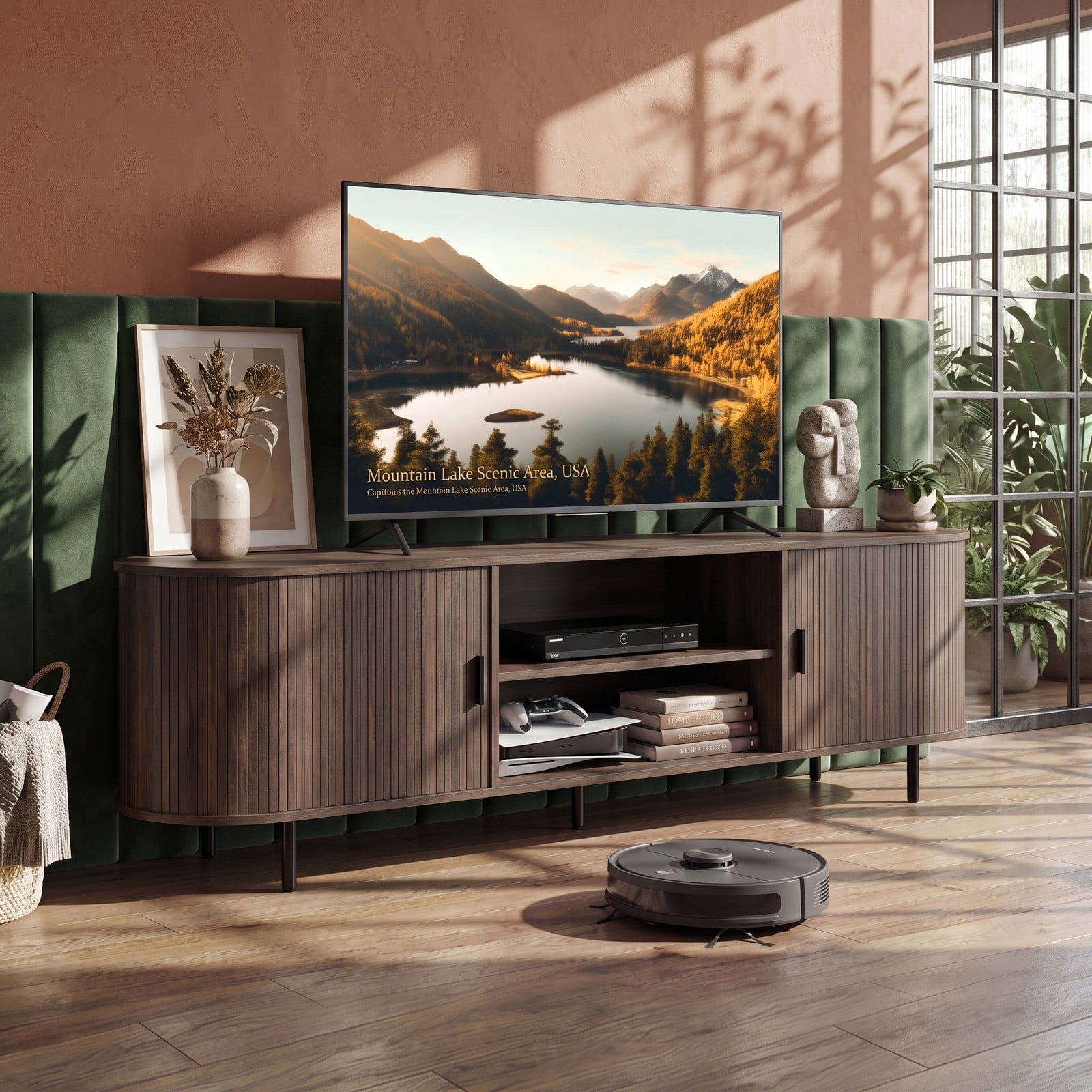 Furnibear 80 Inch TV Stand Mid Century Modern Entertainment Center with Fluted Sliding Doors, Wood Media Console Table with Storage Shelves for Living Room, Walnut