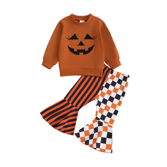 Baby Toddler Girl Halloween Outfit, 6 12 18 24 Months 2T 3T Pumpkin Embroidery Long Sleeve Sweatshirt Striped Flare Pants 2 Piece Set for Fall