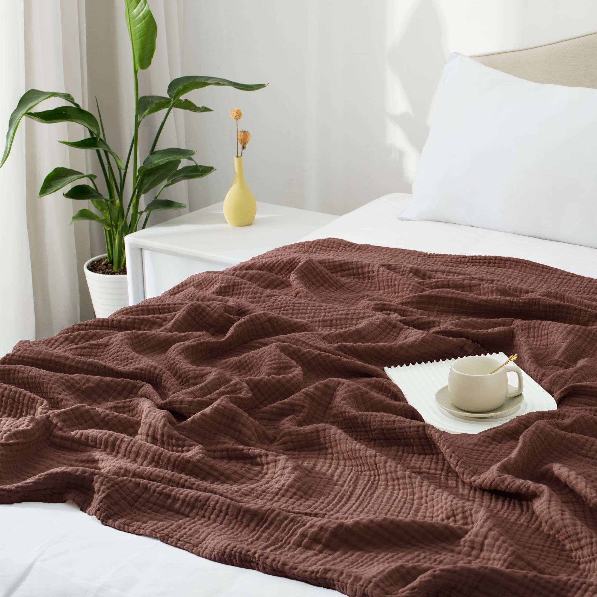 Carriediosa 100% Cotton Muslin Throw Blanket Gauze Blankets for Adults Soft Throws for Bed and Couch, 70" x 80" Dark Brown