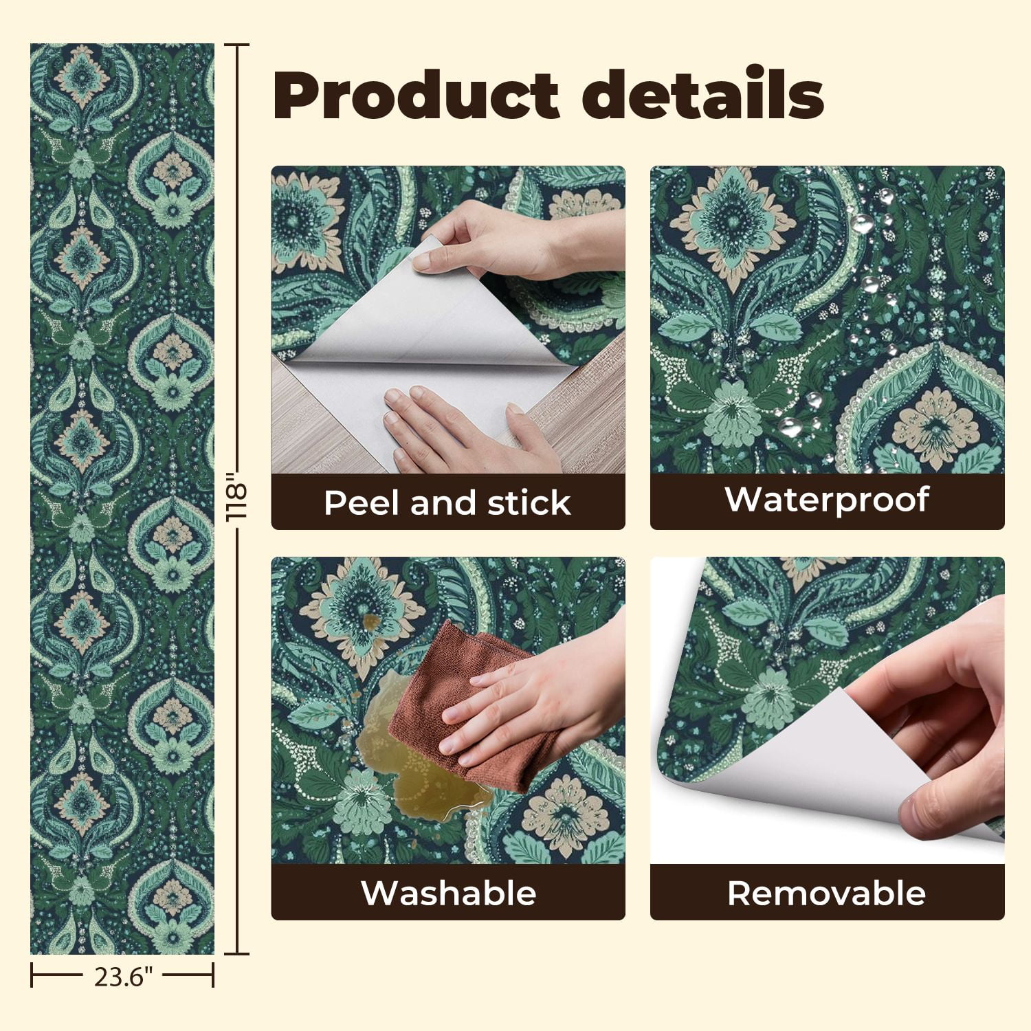 Paisley Peel and Stick Wallpaper 23.6in x 9.8ft Floral Paisley Shades Green Blue Pink Dark Contact Paper Vinyl Waterproof Self Adhesive Wall Paper for Bedroom Shelf Cabinet Renter Friendly