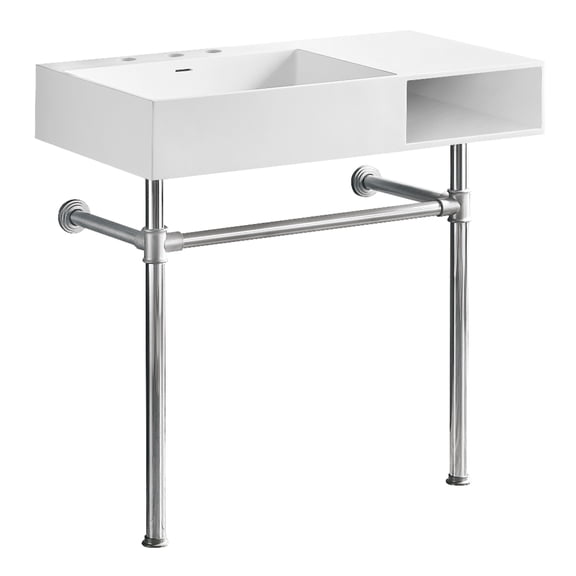 Kingston Brass KVPB3368SQA81 Aurelius 36-Inch Solid Surface Console Sink with Stainless Steel Legs (8-Inch, 3-Hole) in Matte White/Polished Chrome