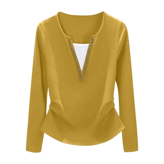 zbxnLI Long Sleeve Tops for Women V Neck Ruched Casual Blouses Shirts Fall Winter Fashion Loose Pullover Outfits