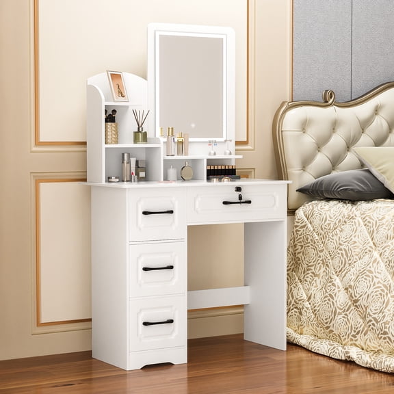 Fogcroll Makeup Desk Makeup Vanity Table with Mirror and Light,Large Vanity Desk with 6 Opening Shelves, 4 Drawers Easy Assembly Makeup Vanity Desk Bedroom Dressing Table