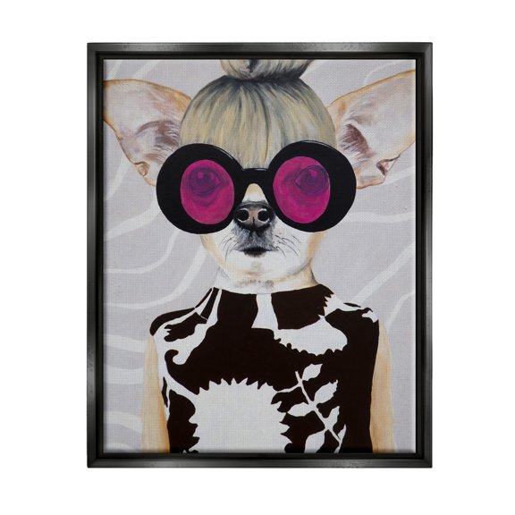 Stupell Industries Fashionable Dog Retro Glam Outfit Animals & Insects Painting Black Floater Framed Art Print Wall Art