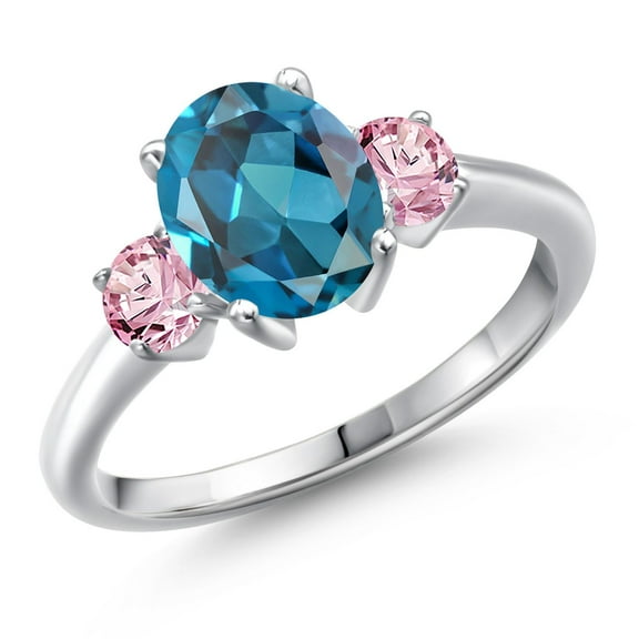 Gem Stone King 925 Sterling Silver London Blue Topaz and Pink Lab Grown Diamond Engagement Ring for Women | 2.75 Cttw | Oval 9X7MM | Gemstone November Birthstone | Size 5