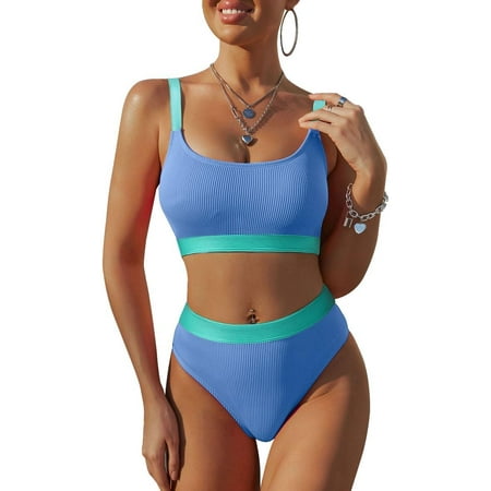 Ribbed Colorblock High Waisted Tummy Control Bikini Set Brazilian Swimsuit 2 Piece