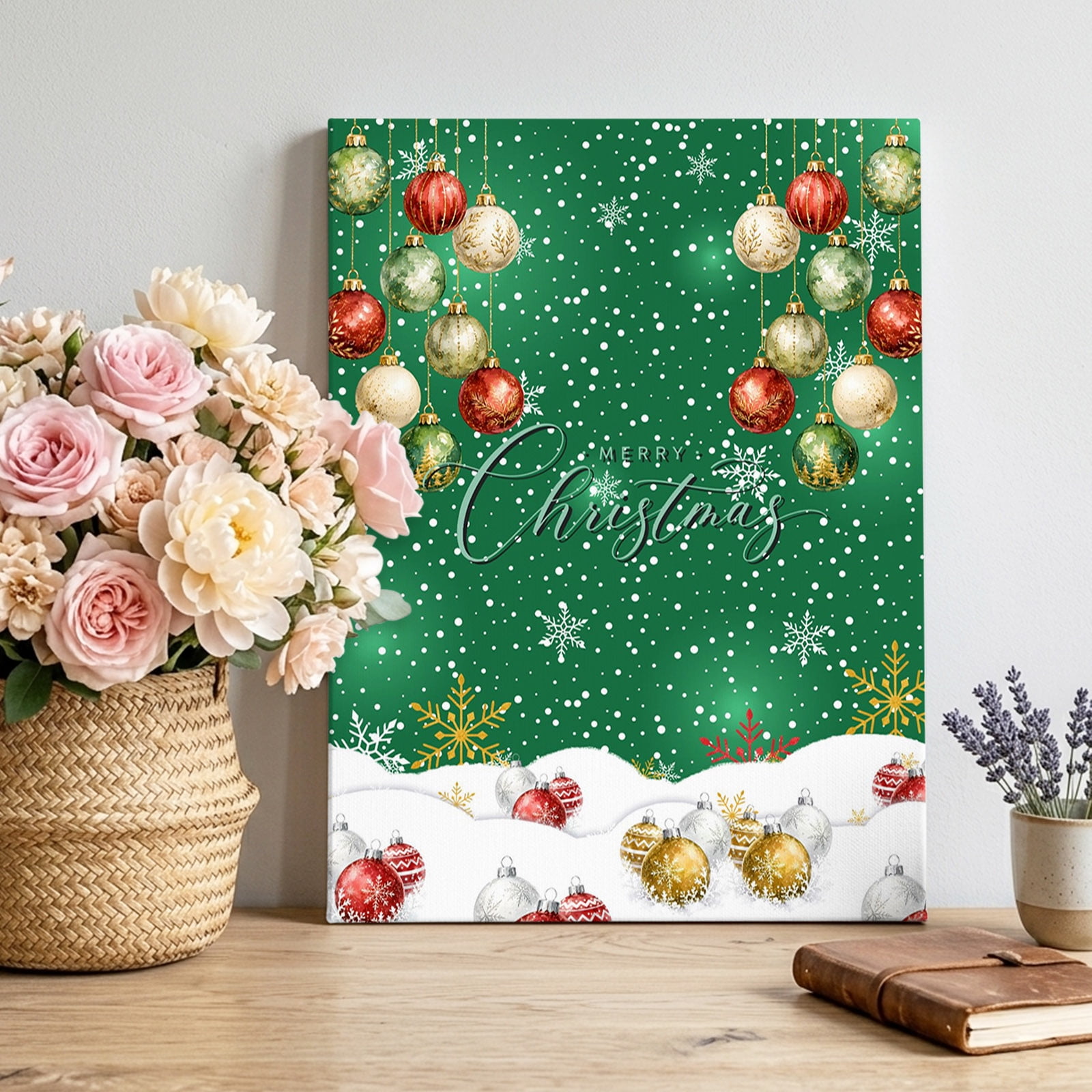 Canvas Wall Art Green Christmas Framed Canvas Prints for Bedroom Living Room Xmas Balls Snowflake Snowy Sparkle Winter Gallery Wrapped Wall Decor for Home Office Gifts 12 x18 Ship Next Day