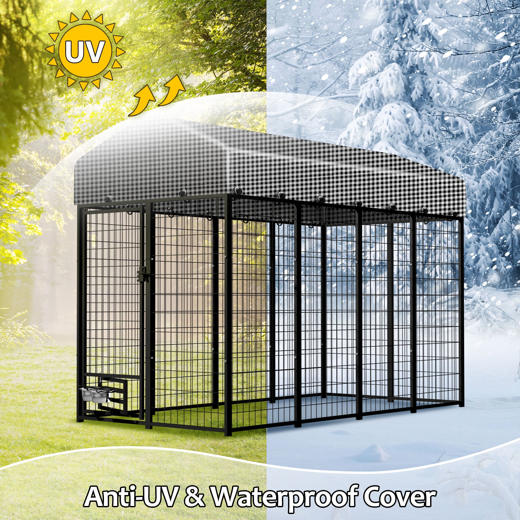 HITTITE Large Outdoor Dog Kennel, Heavy Duty Outdoor Dog Run Cage with Rotate Feeding Door, Anti-Rust Dog Kennel Outside with Waterproof & UV-Resistant Cover for Backyard, 8'L x4' W x 6'H（with Roof）