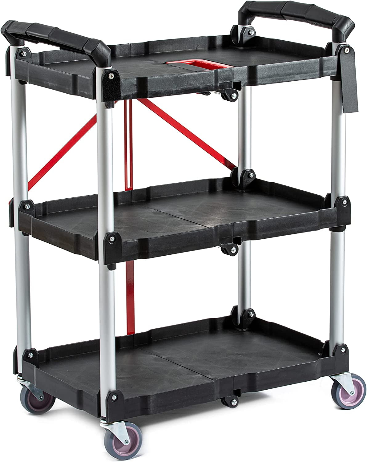 TECSPACE Portable Folding Service Cart, 3Tier Fold Up Rolling Cart Collapsible Push Cart with
