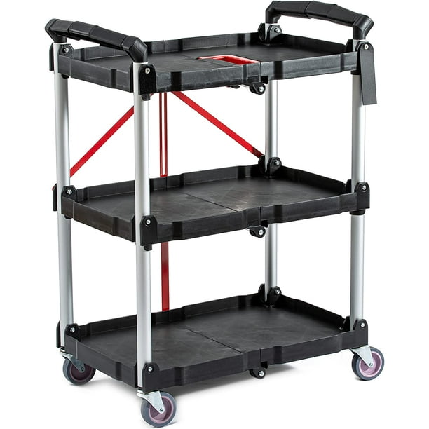 TECSPACE Portable Folding Service Cart, 3Tier Fold Up Rolling Cart