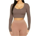 thumbnail image 2 of Elainilye Fashion Womens Crop Top Spring Tight Long Sleeve Shirt Cotton Ribbed Knit Top Undershirt Bottom Top,Brown, 2 of 8