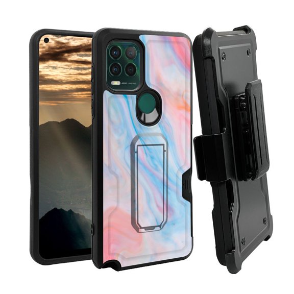 ANJ  Rugged Shockproof Holster Case w/Card Slot, Kickstand   Tempered Glass for Motorola Moto G Stylus 5G - Pastel Marbling