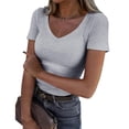 thumbnail image 2 of Women's Short Sleeves Ribbed Fitted Shirt Basic V Neck Slim T Shirt Tops Gray L, 2 of 6
