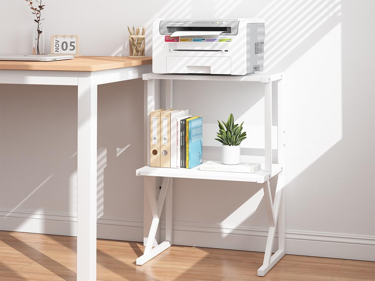 Desktop Printer Stand with 3 Tier Wood Storage Shelves,Under Desk Printer Table,Multi-Purpose Home Office Desk Organizer for Fax Machine, Scanner (White)