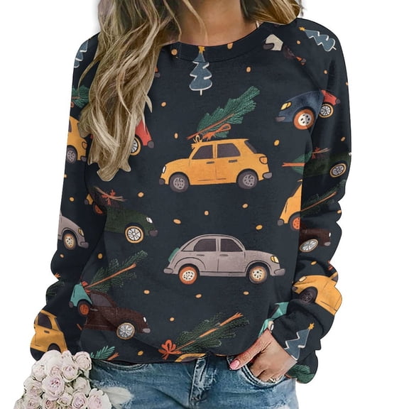 Christmas Train Cedar Tree Womens Casual Crewneck Sweatshirt Long Sleeve Tops Cute Pullover Loose Fit