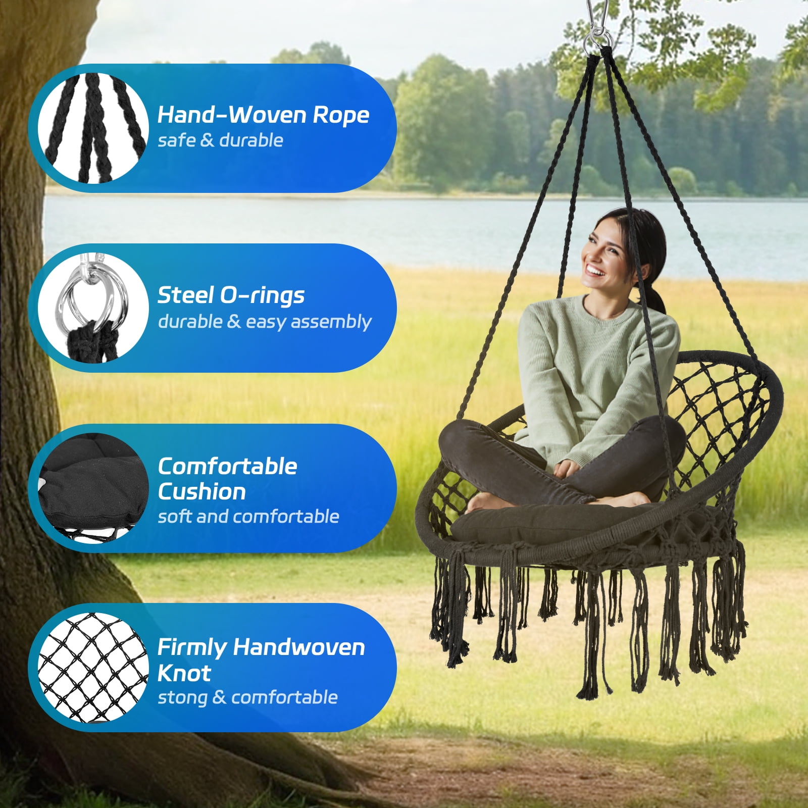 Chair Rope Swing Macrame Hammock, Hanging Cotton Kits - Hand-Woven Rope, Steel Spreader Bar Anti-Slip Rings, Black, Safe, Soft, Durable, for Porch Bedroom