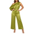 thumbnail image 2 of Womens Satin Two Piece Set Asymmetrical One Shoulder Top High Waist Wide Leg Pants Elegant Party Outfit Green XXXL(XXXL), 2 of 6
