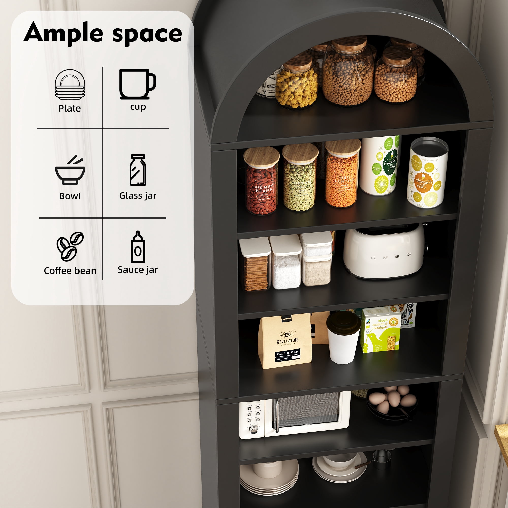 NEGYLIM 71" Tall Arched Storage Cabinet with Drawer, Freestanding Kitchen Pantry Cabinet with Doors and 8 Adjustable Shelves, Narrow Tall Cabinet for Bathroom Living Room Office, Black