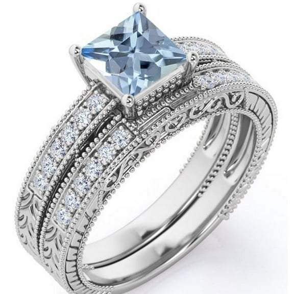 JeenMata Milgrain Edge Design 1.75 Carat Princess Cut Deep Blue Created Aquamarine and Moissanite 4-Prong Pave Edwardian Bridal Set in 18K White Gold Plating over Silver