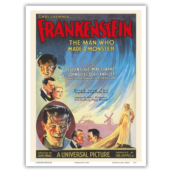 Frankenstein - Starring Boris Karloff and Mae Clarke - Vintage Film Movie Poster c.1931 - Master Art Print (Unframed) 9in x 12in
